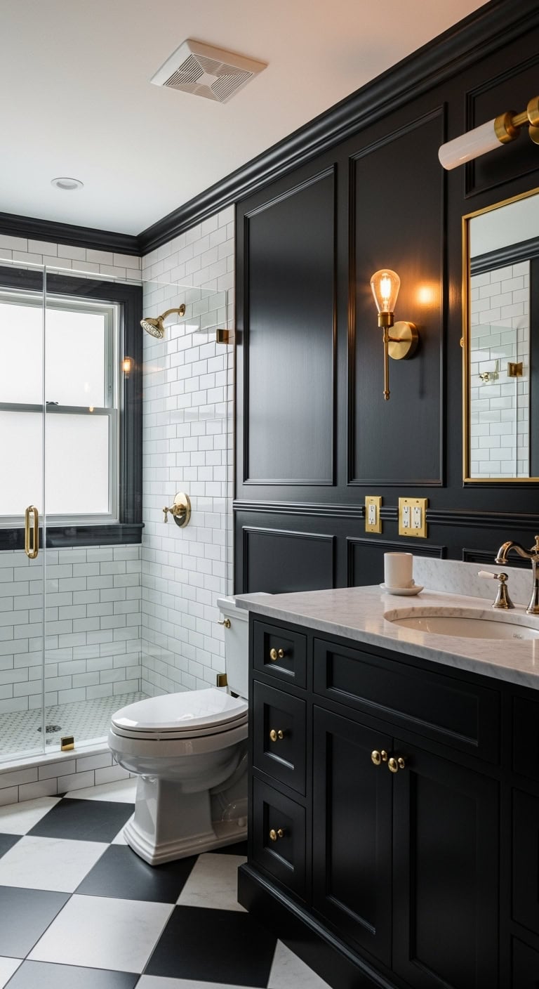 sophisticated black bathroom wainscoting elegance