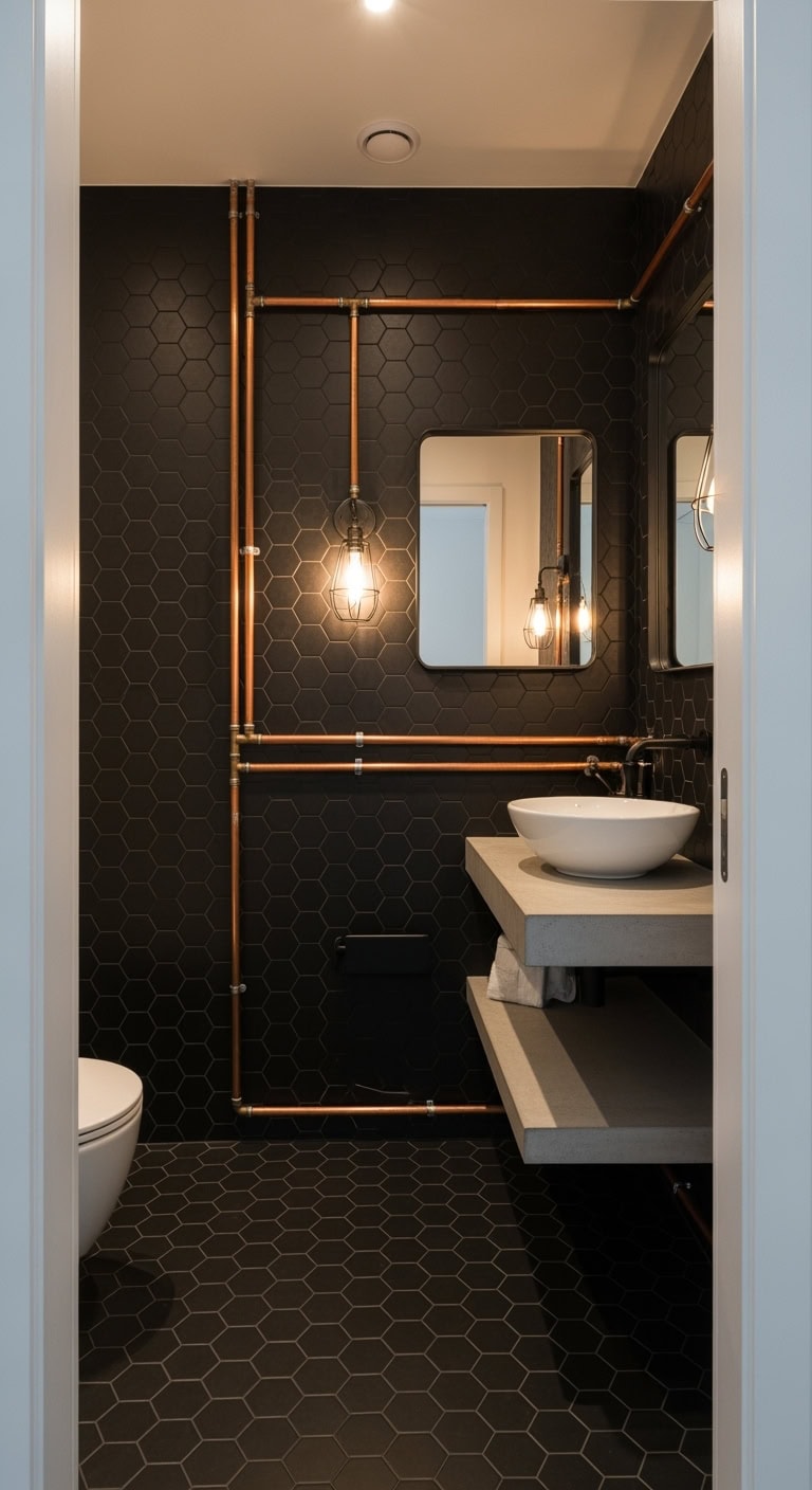 matte black tiles copper piping