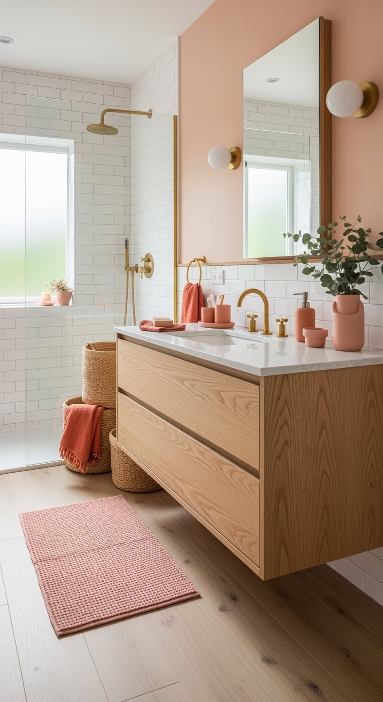 scandinavian pink orange cozy bathroom