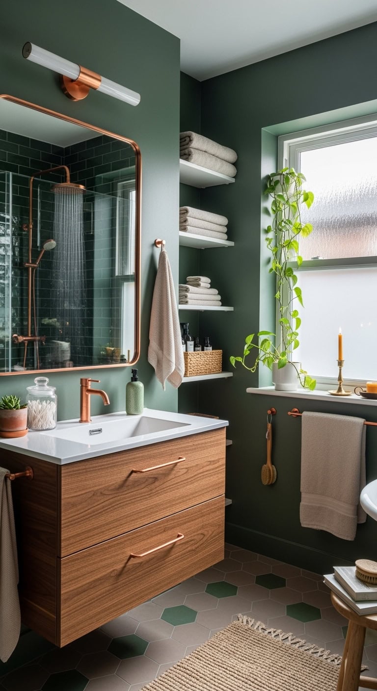 luxurious forest inspired copper bathroom accents