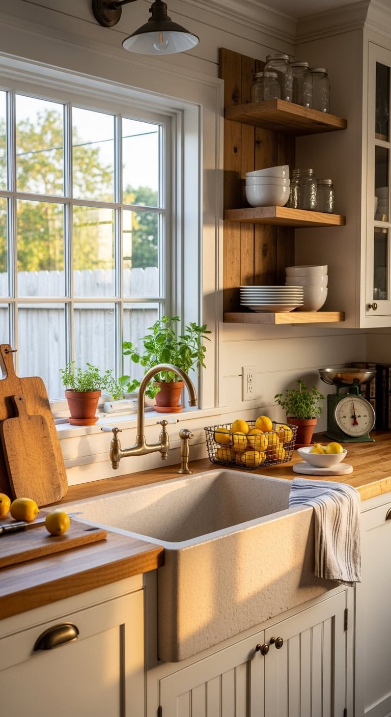 cozy farmhouse stone sink kitchen