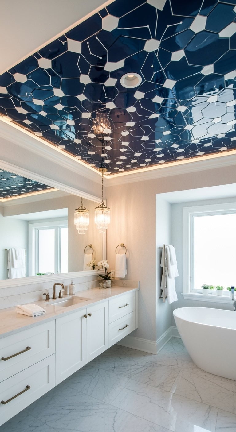geometric midnight blue statement bathroom ceiling