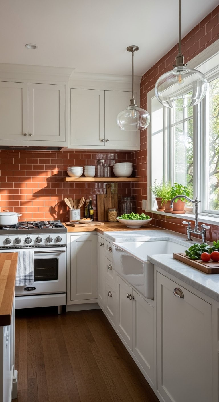 timeless elegant neutral toned terracotta backsplash kitchen
