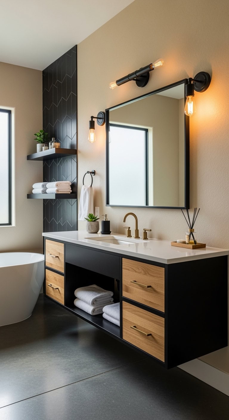 contrasting vanity light fixtures glamorous transformation