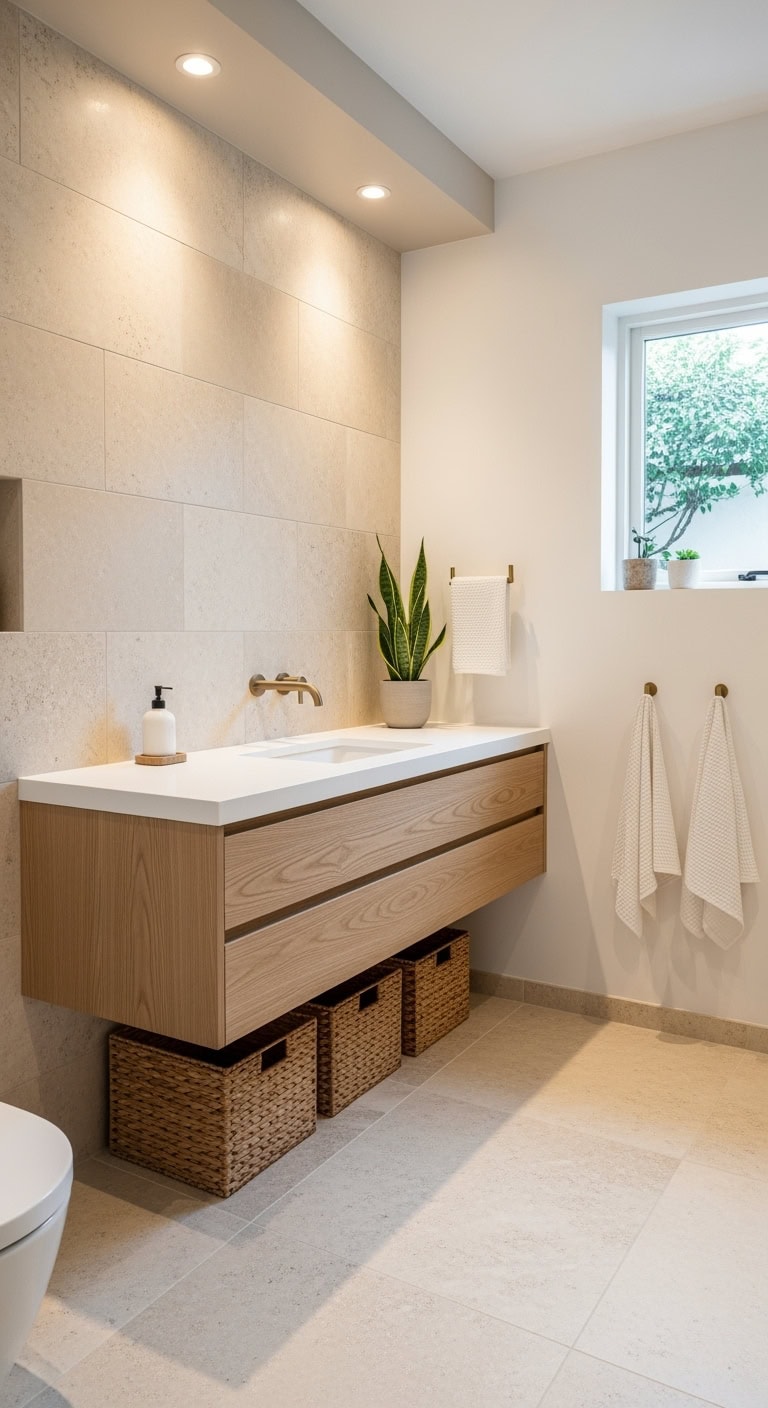 floating beige marble vanity
