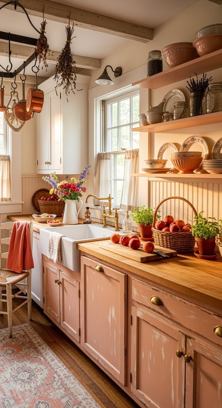 cozy peach cottage kitchen