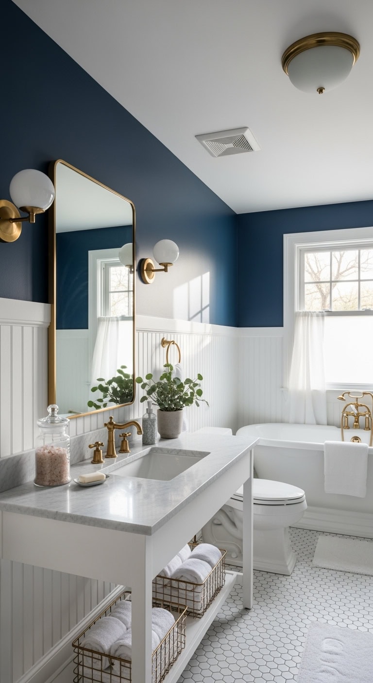 dramatic navy brass and dimmable sconces