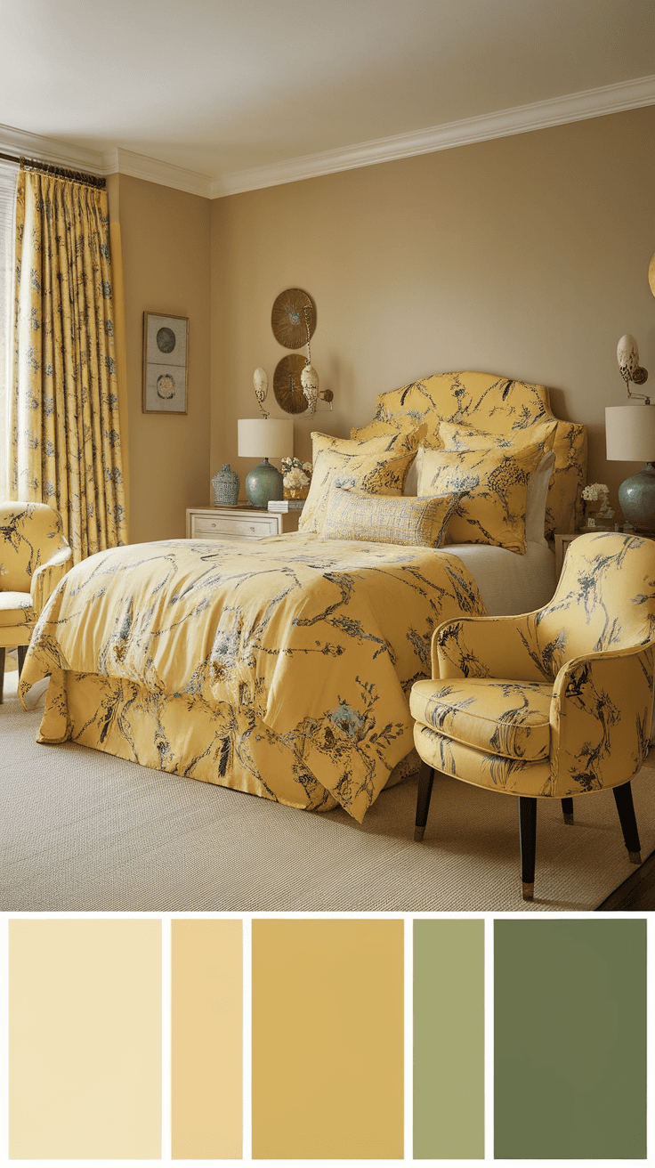 A beautifully decorated yellow chinoiserie bedroom featuring yellow bedding and curtains, with green accents.