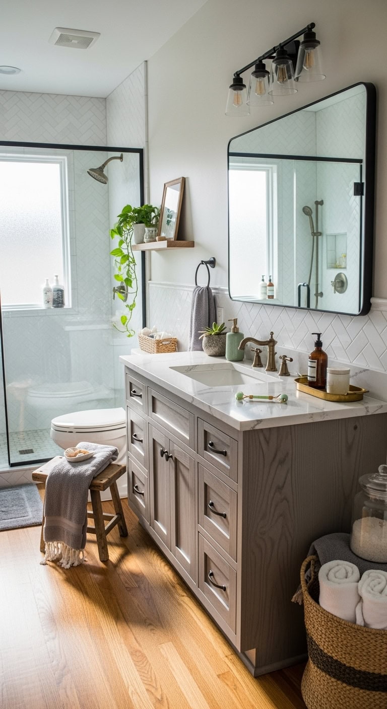 compact gray vanities visually expand space