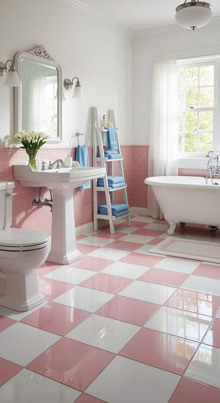 retro inspired checkerboard bathroom floor design