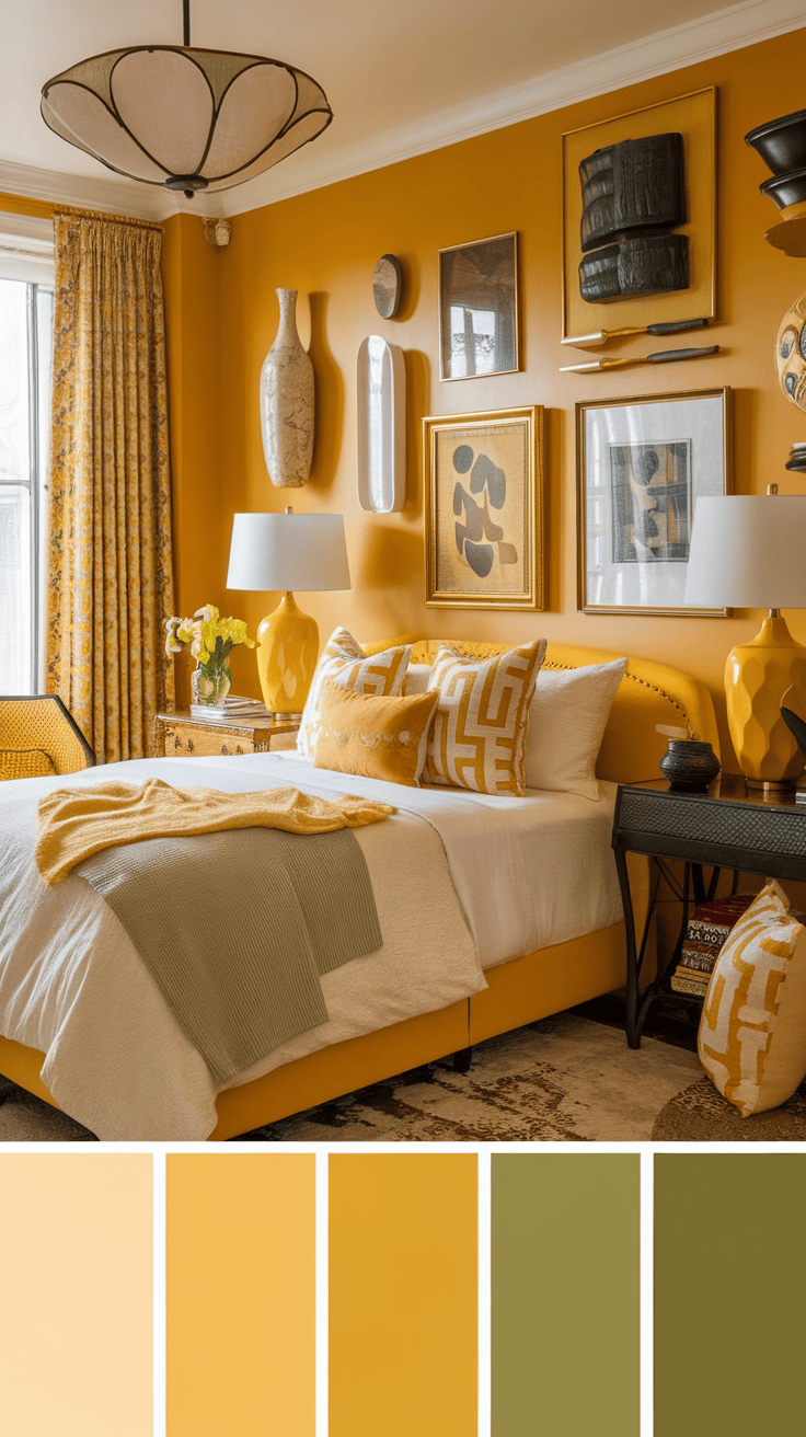 A vibrant yellow-themed eclectic bedroom featuring yellow walls, patterned curtains, and various decorative accessories.