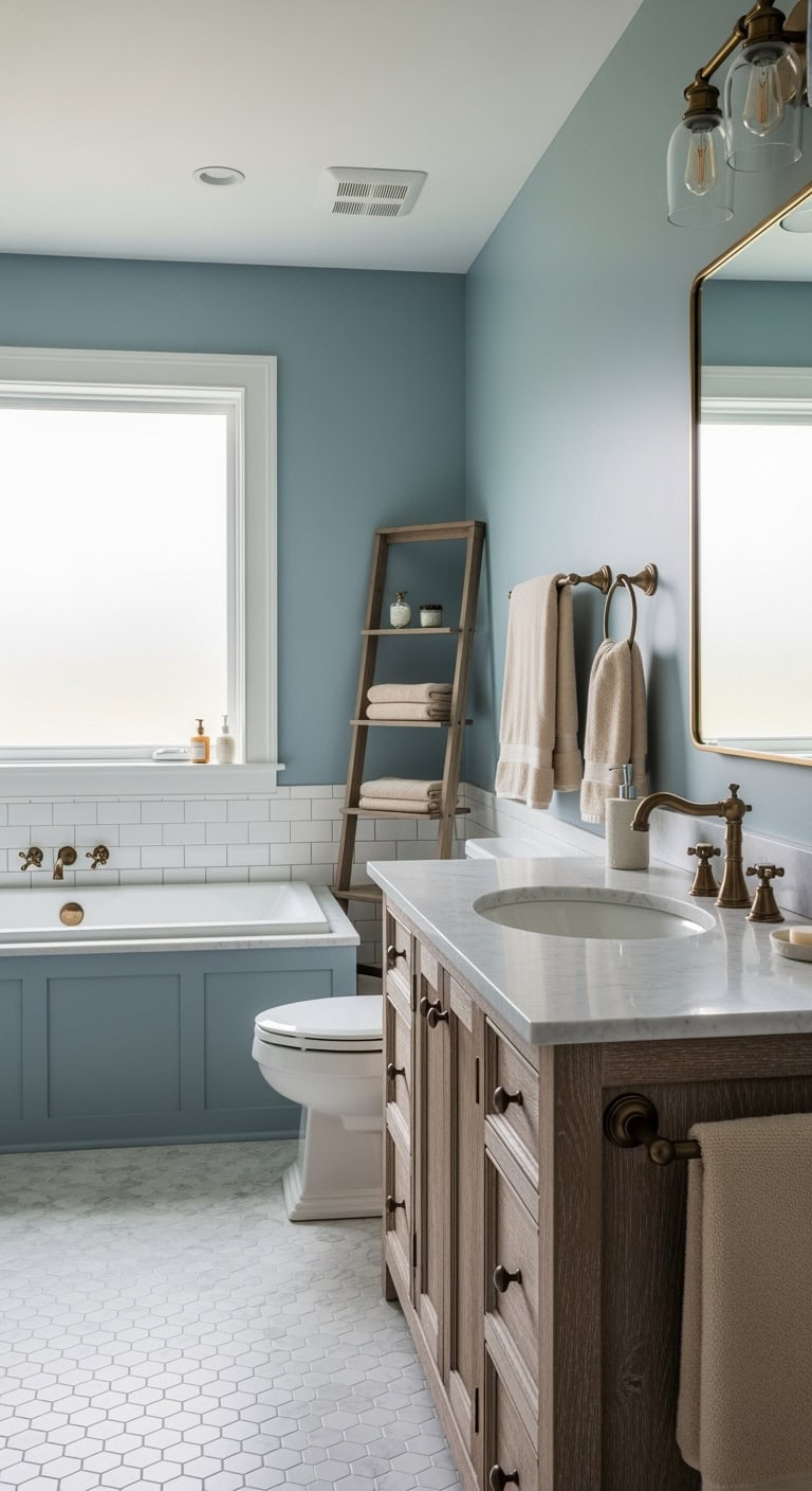 vintage brass tones complement dusty blue