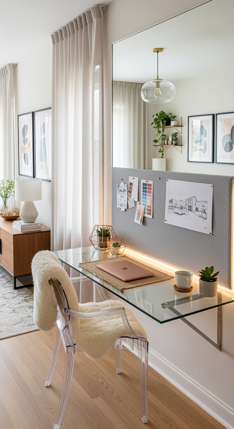 sleek minimalist mirrored desk workspace