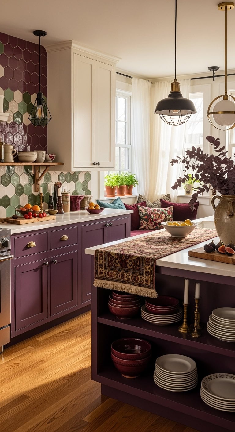 eclectic kitchen with plum