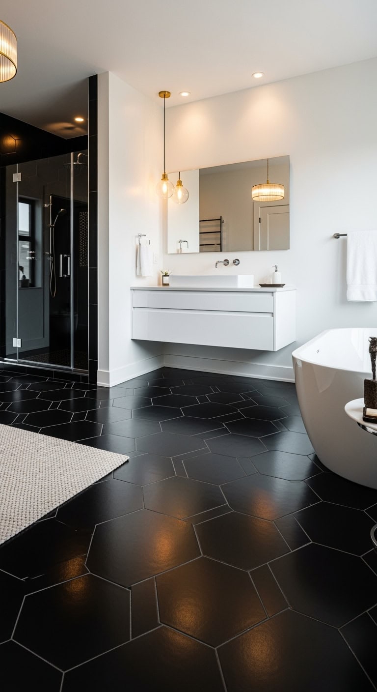 oversized hexagon statement bathroom flooring