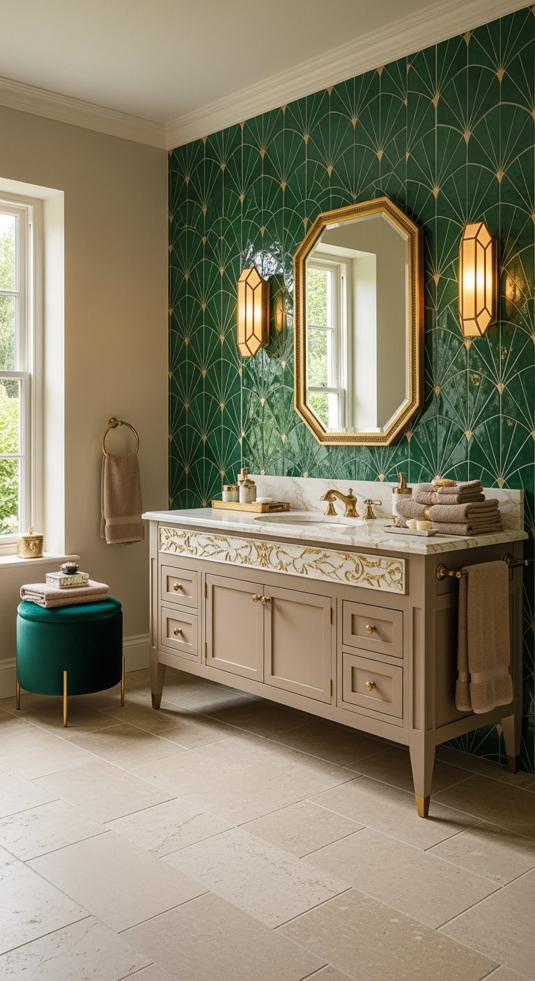 art deco emerald champagne bathroom