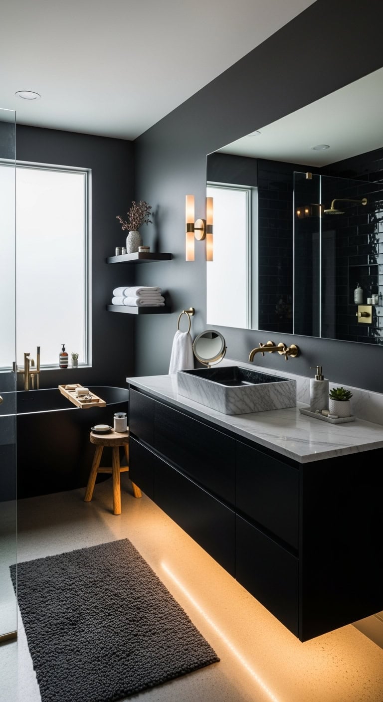 sleek commanding luxe dramatic black vanity