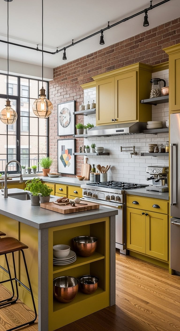 mustard cabinets industrial chic