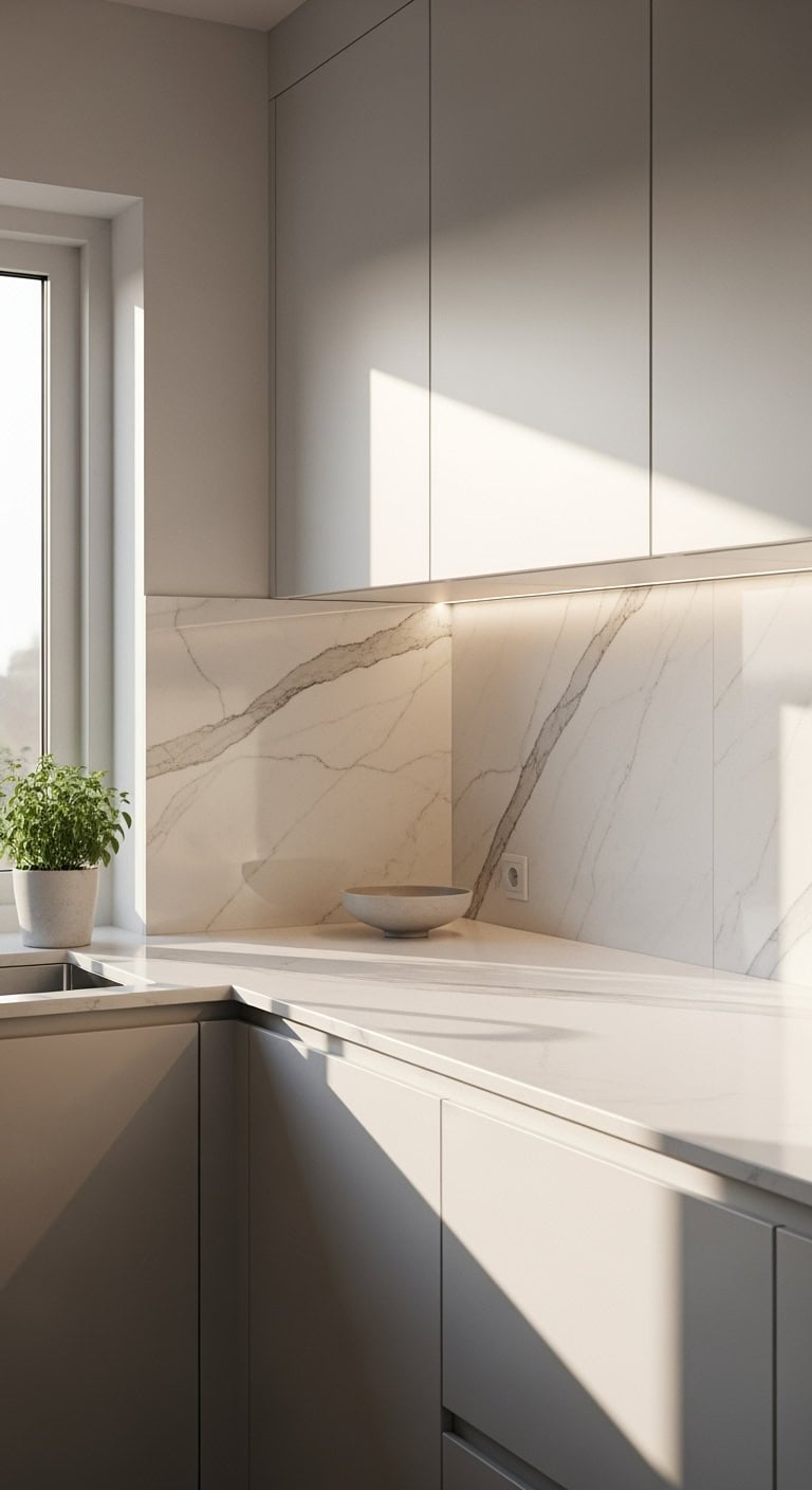 serene sophisticated seamless stone backsplash