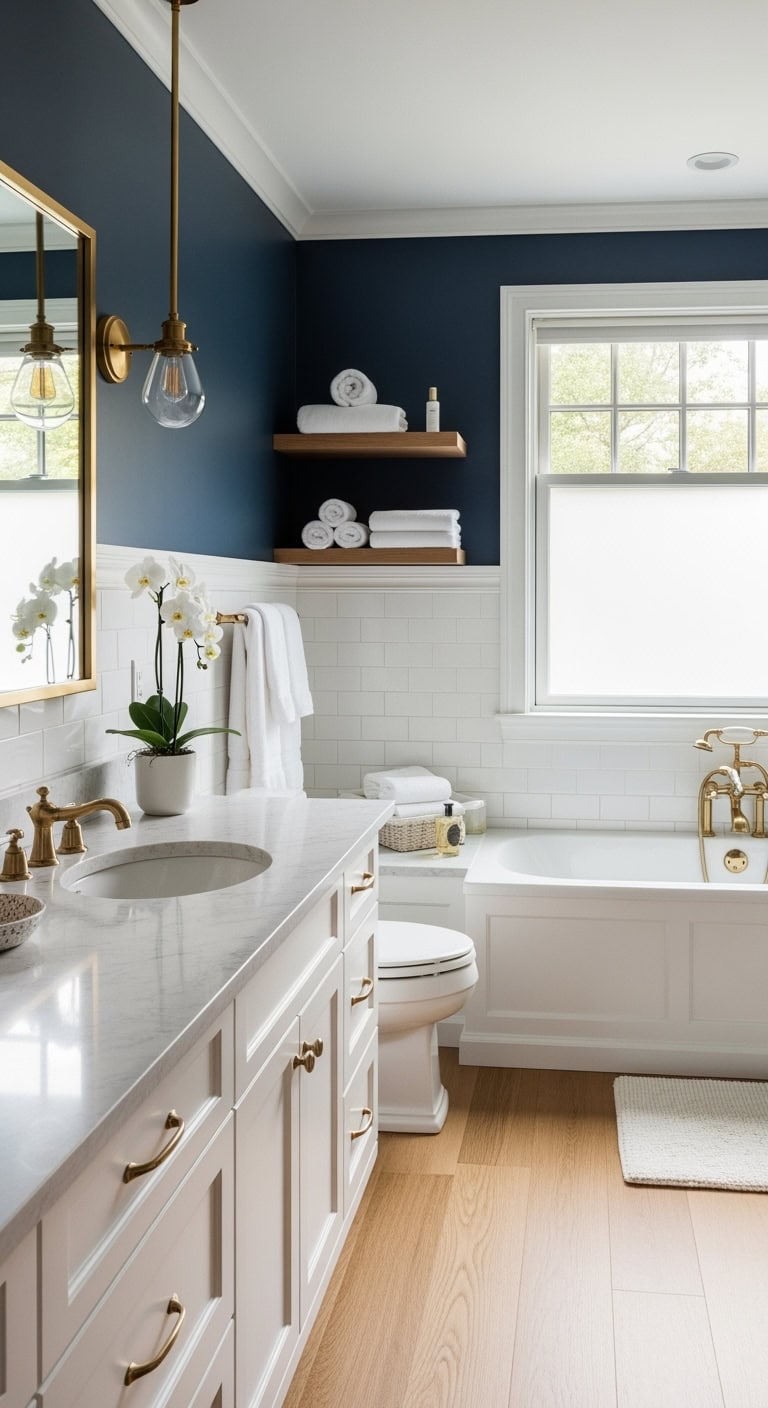 sophisticated navy bathroom investment boosts value