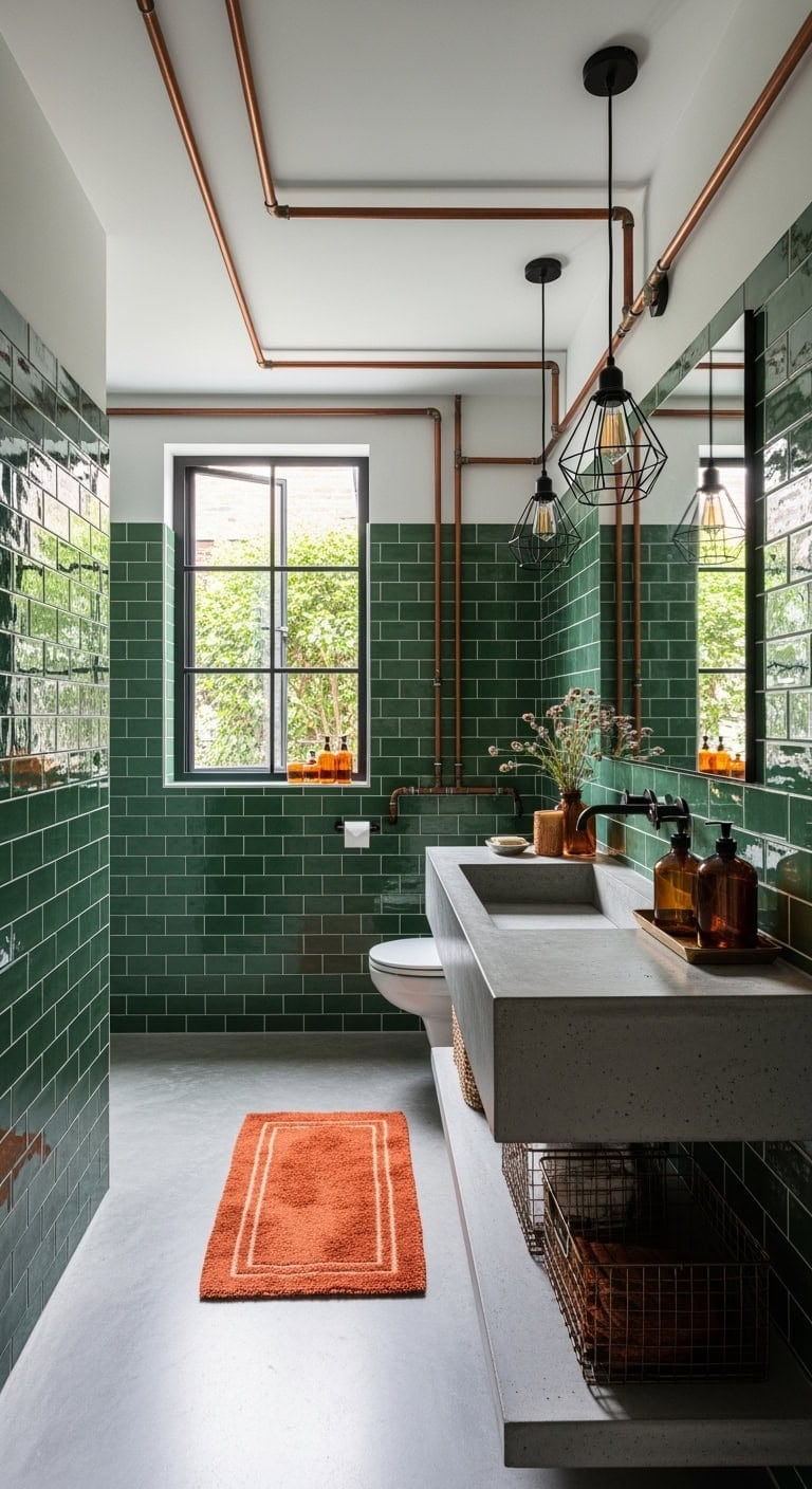 rust orange pipes hunter green tiles