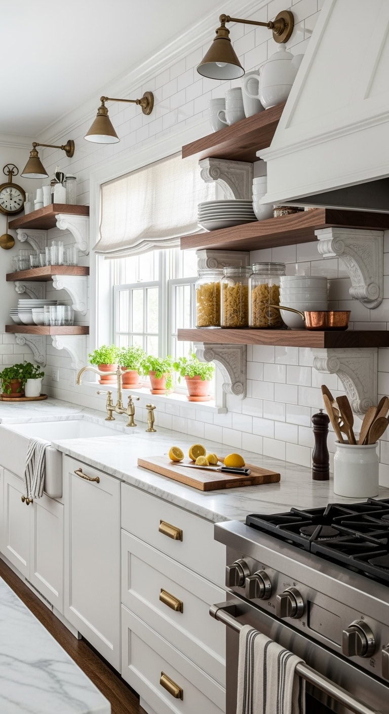marble brackets elevate open shelving