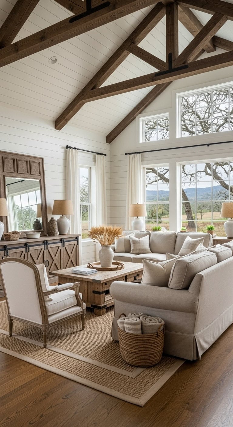 exposed beams beige linen