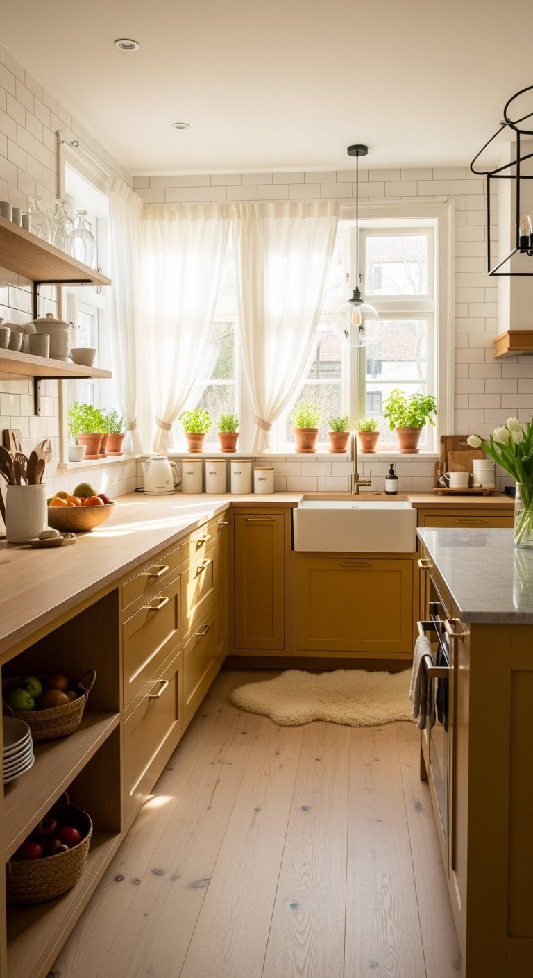 mustard cabinets scandinavian warmth