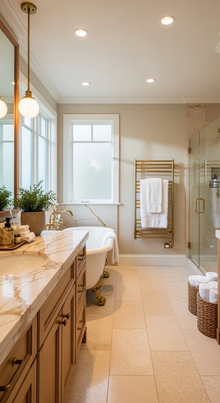 spa like bathroom luxury with warming rack