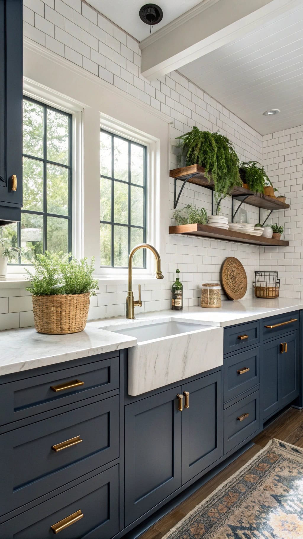 brass accents enhance navy