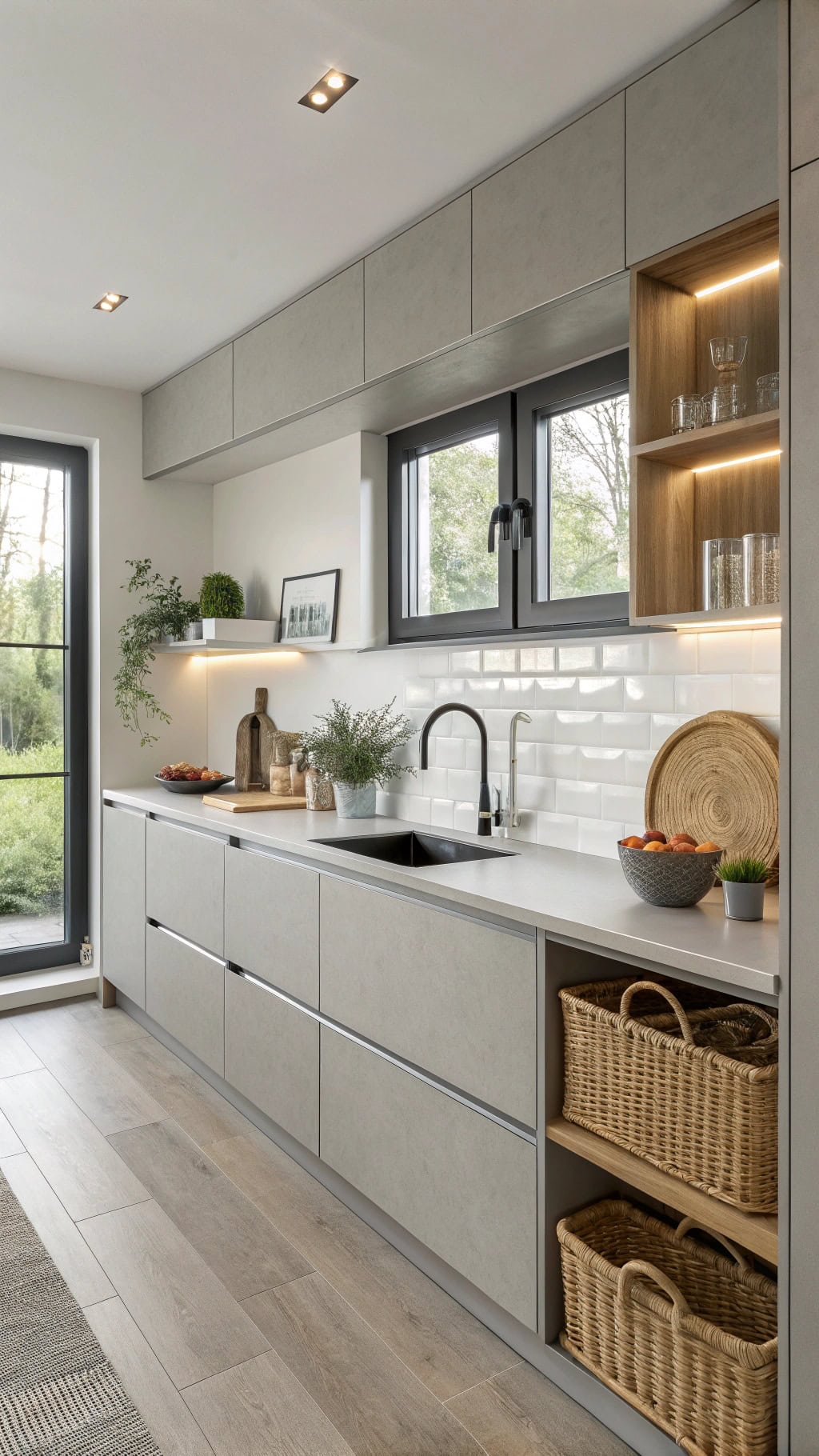 sleek minimalist push open cabinets