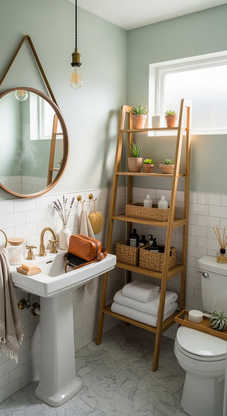 bamboo ladder shelf organizes bathroom stylishly