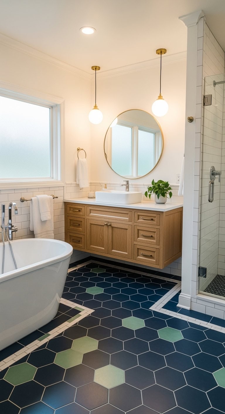 sophisticated midnight water geometric flooring