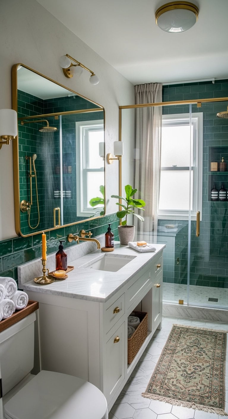 luxurious emerald and brass bathroom