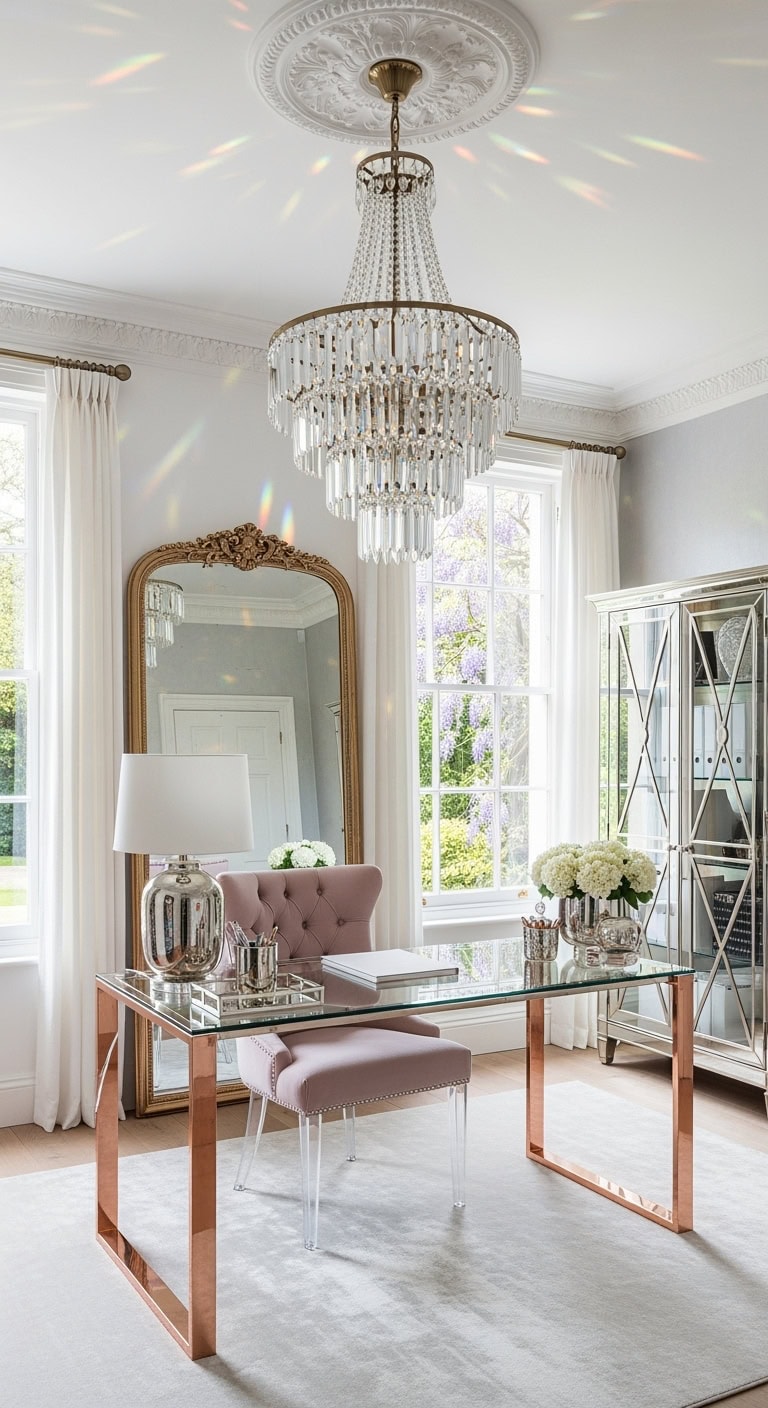glamorous crystal chandelier workspace