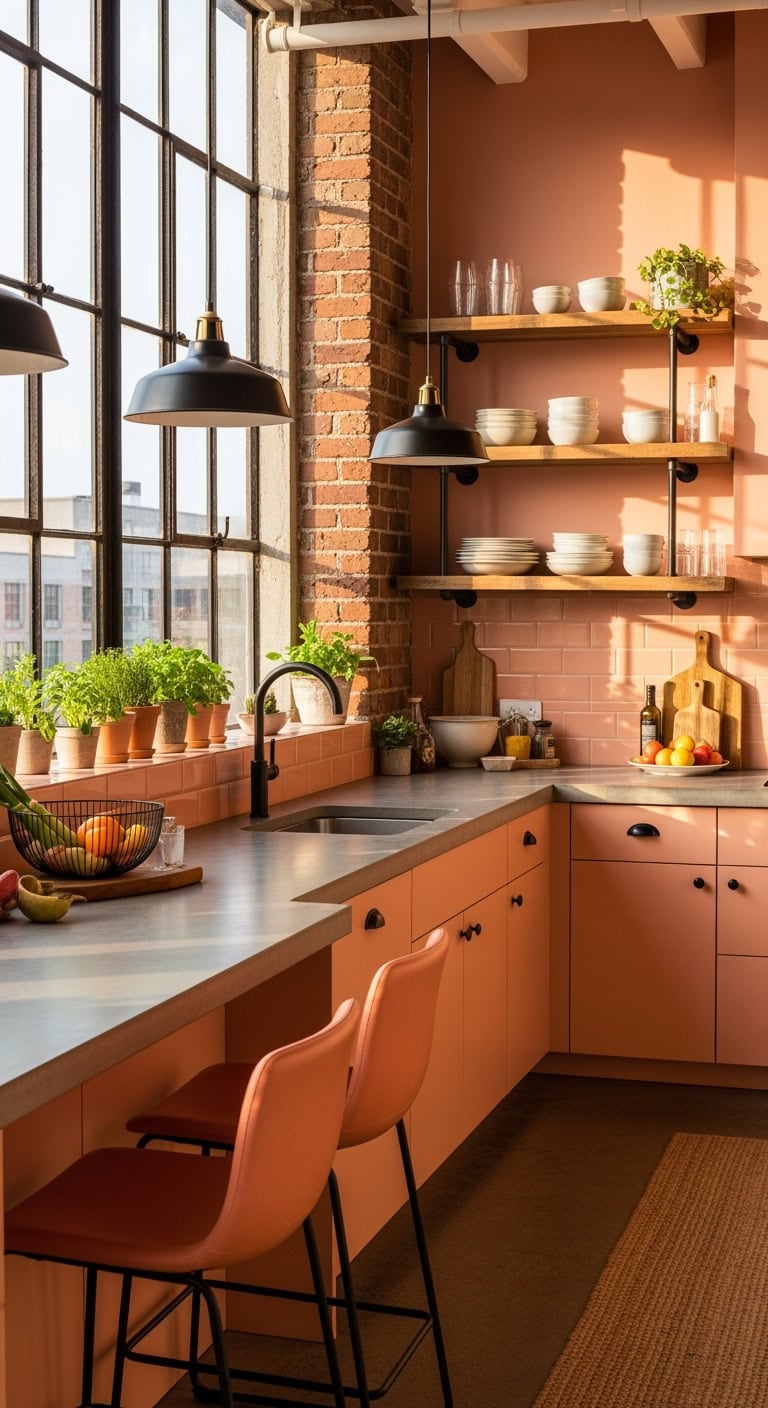 industrial chic peach kitchen