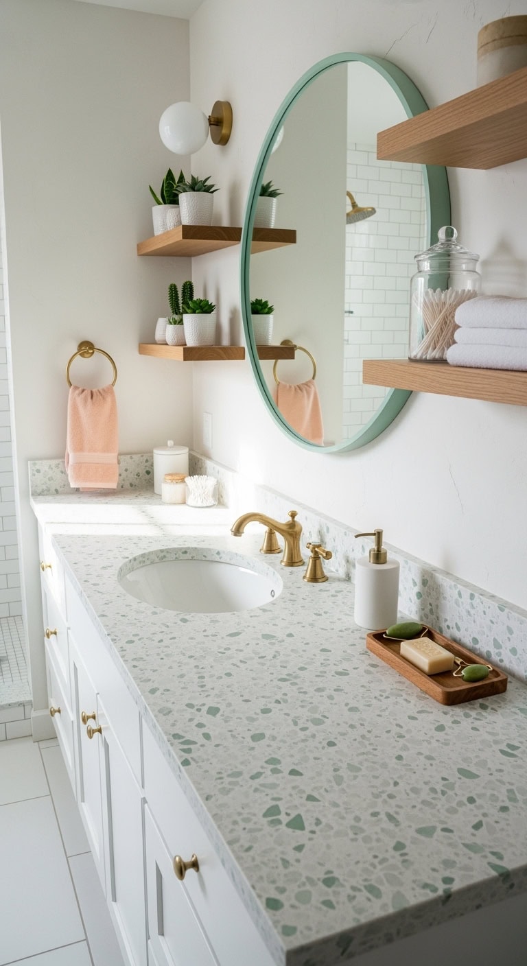 mint speckled terrazzo countertop bathroom charm