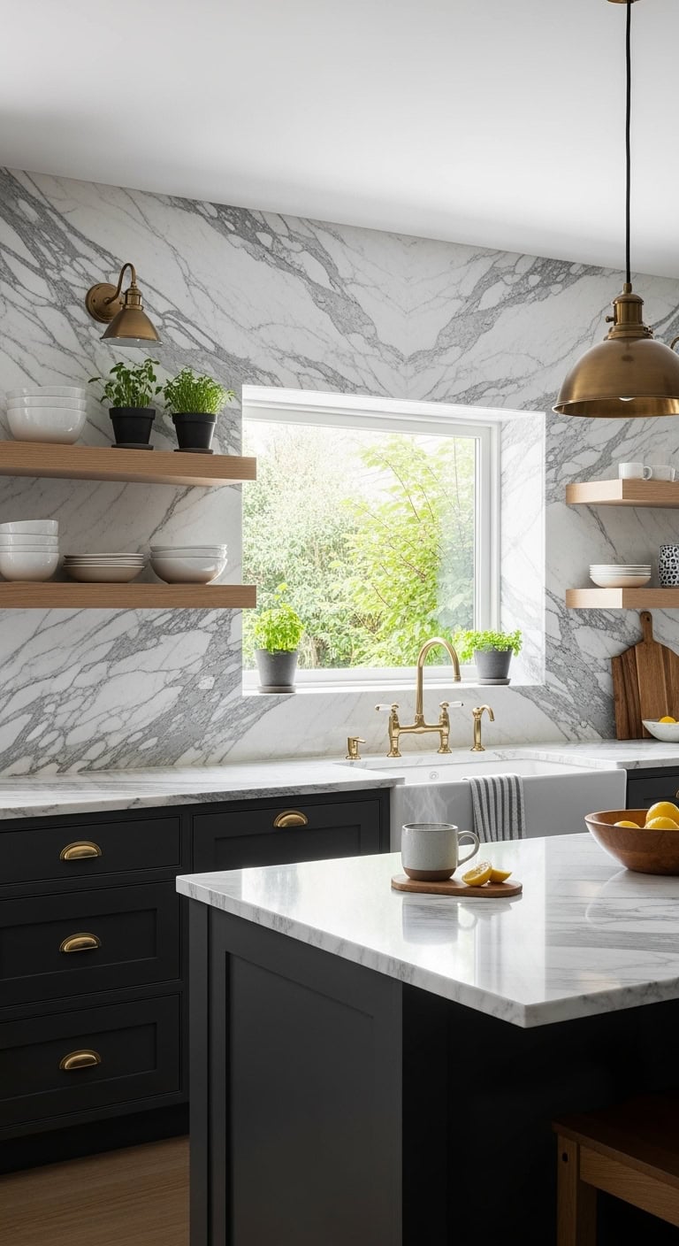 sleek natural dramatic luxurious stone backsplash