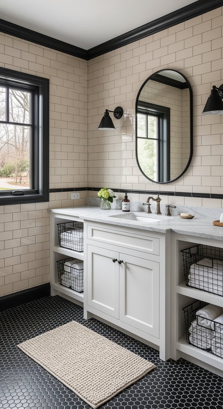 beige subway tiles black trim