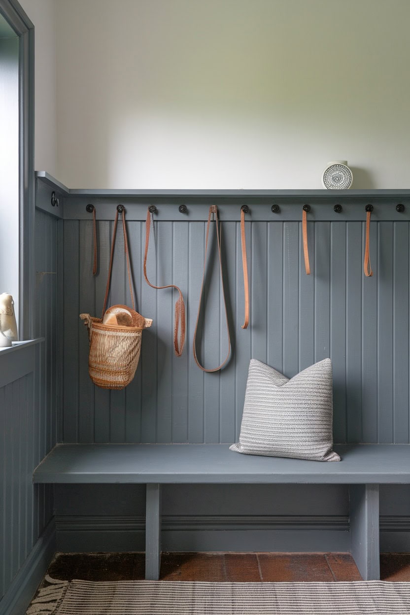 Scandinavian mudroom featuring a two-tone color palette with gray walls and a bench.