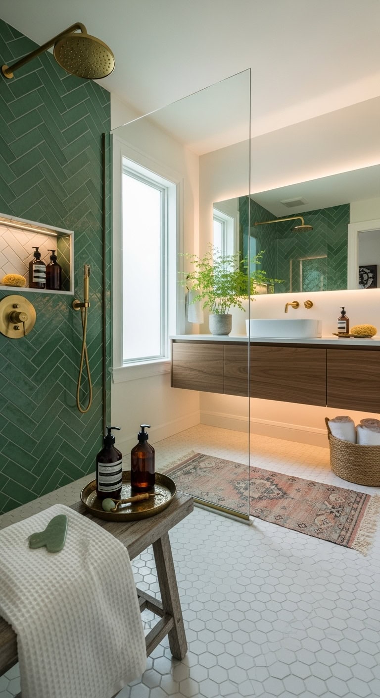 vertical herringbone shower design elevated