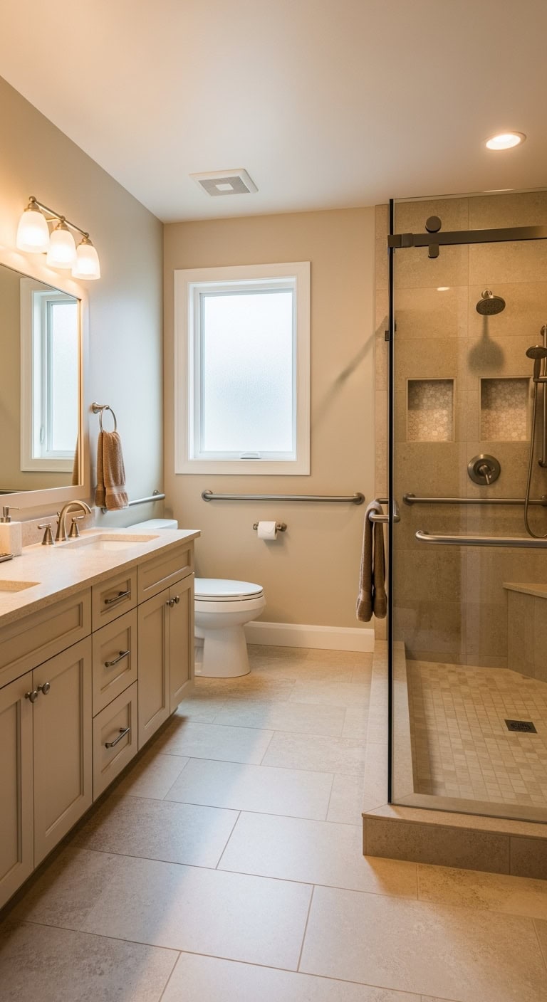 elegant accessible beige walk in shower