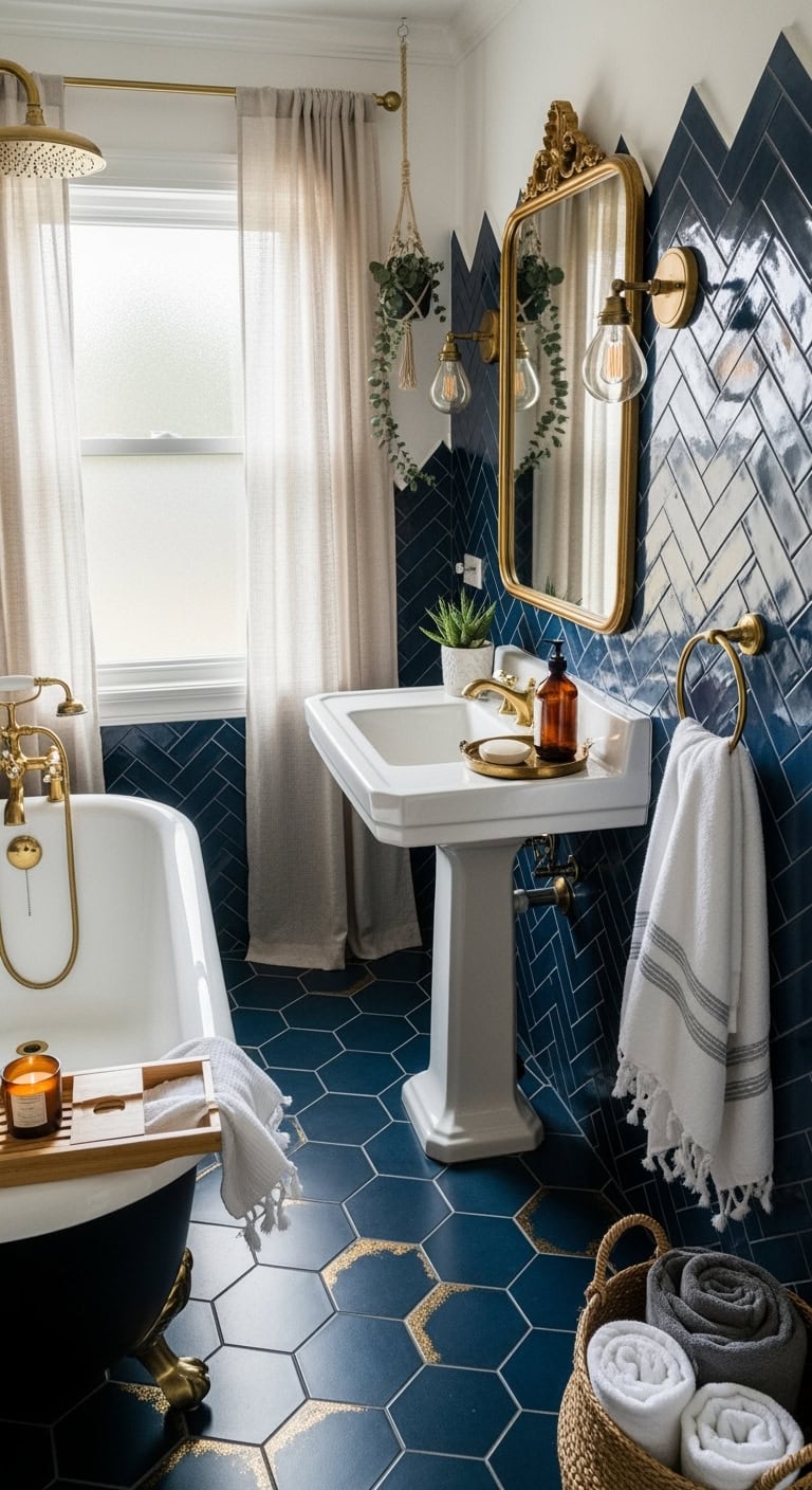 navy tiles golden grouting
