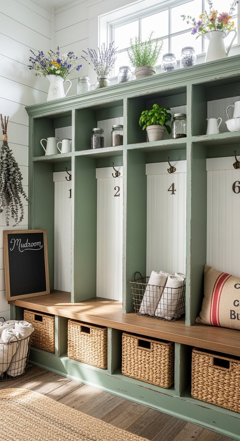 vintage farmhouse mudroom cubbies