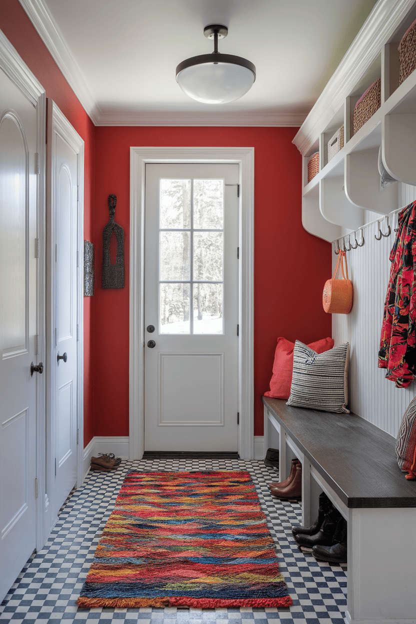 A bright red mudroom with a colorful rug, seating area, and decorative accents.