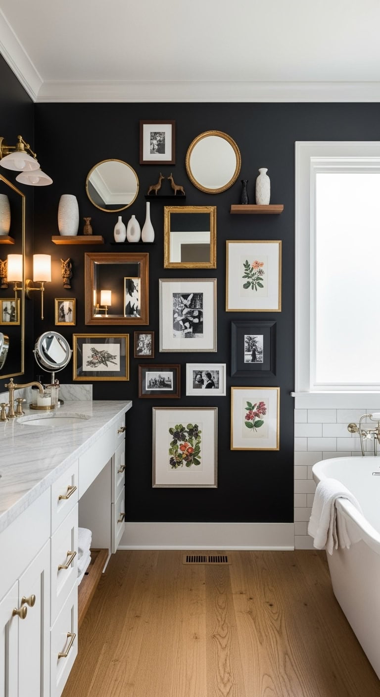 gallery wall in black bathroom