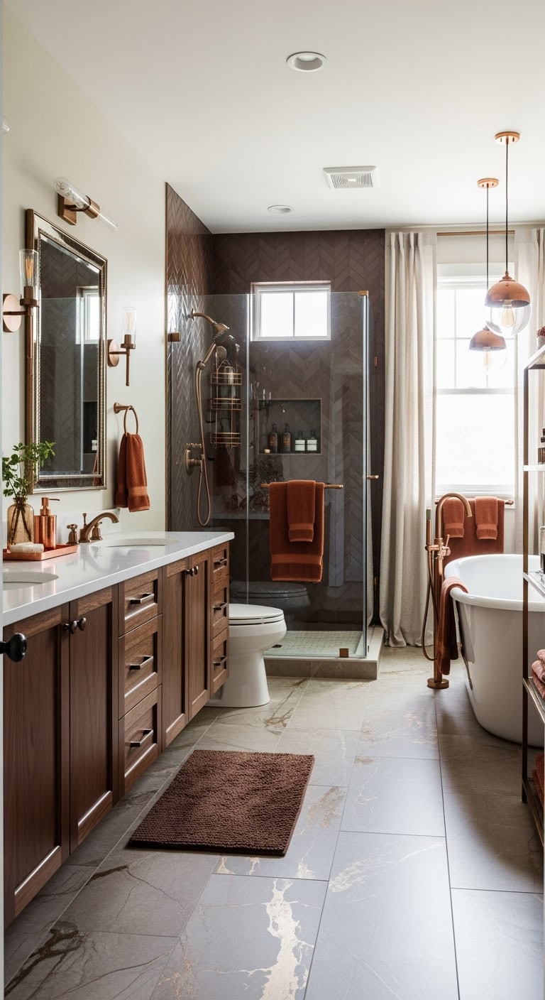 warm metallic brown bathroom glamour