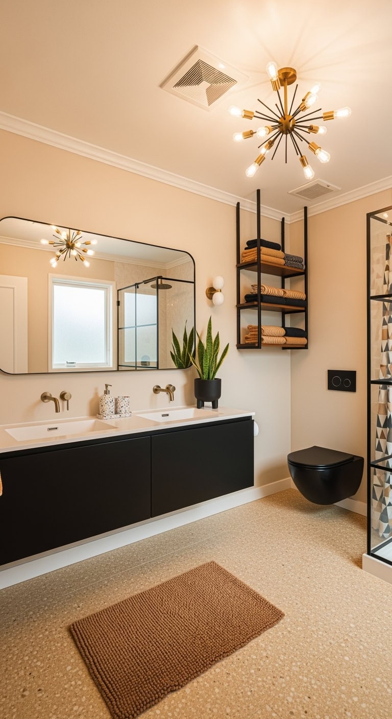 tan terrazzo with black vanities