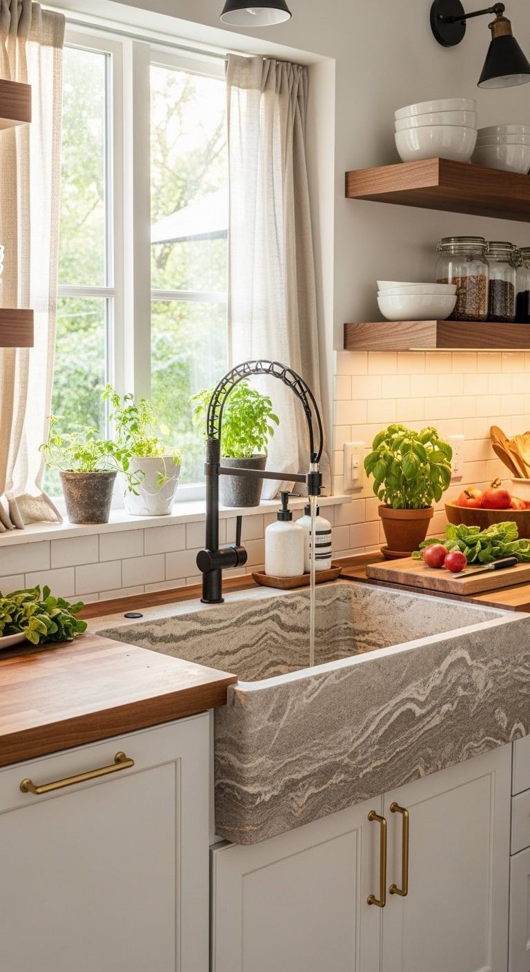 sophisticated stone sink kitchen oasis