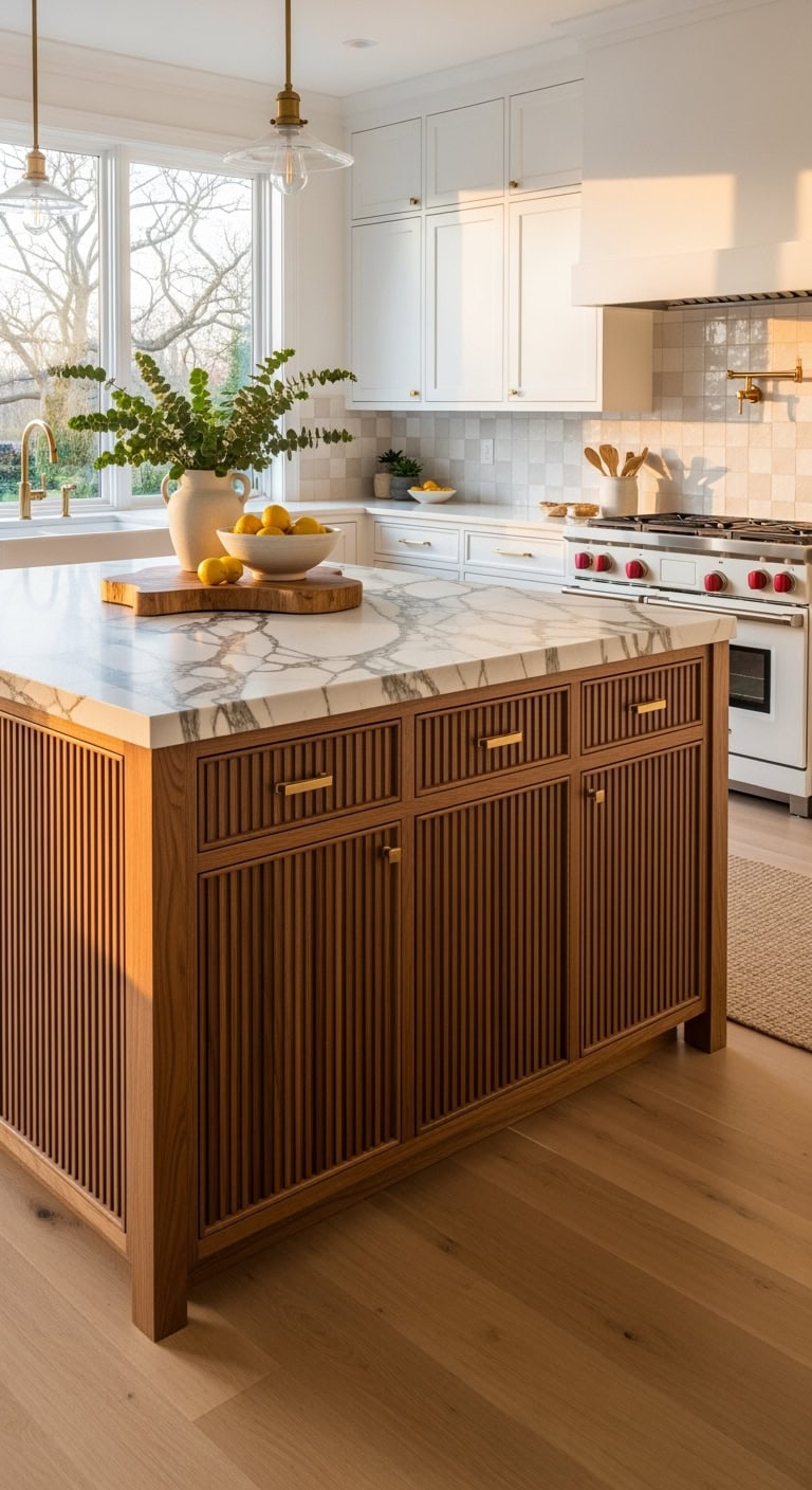 fluted wood panel island